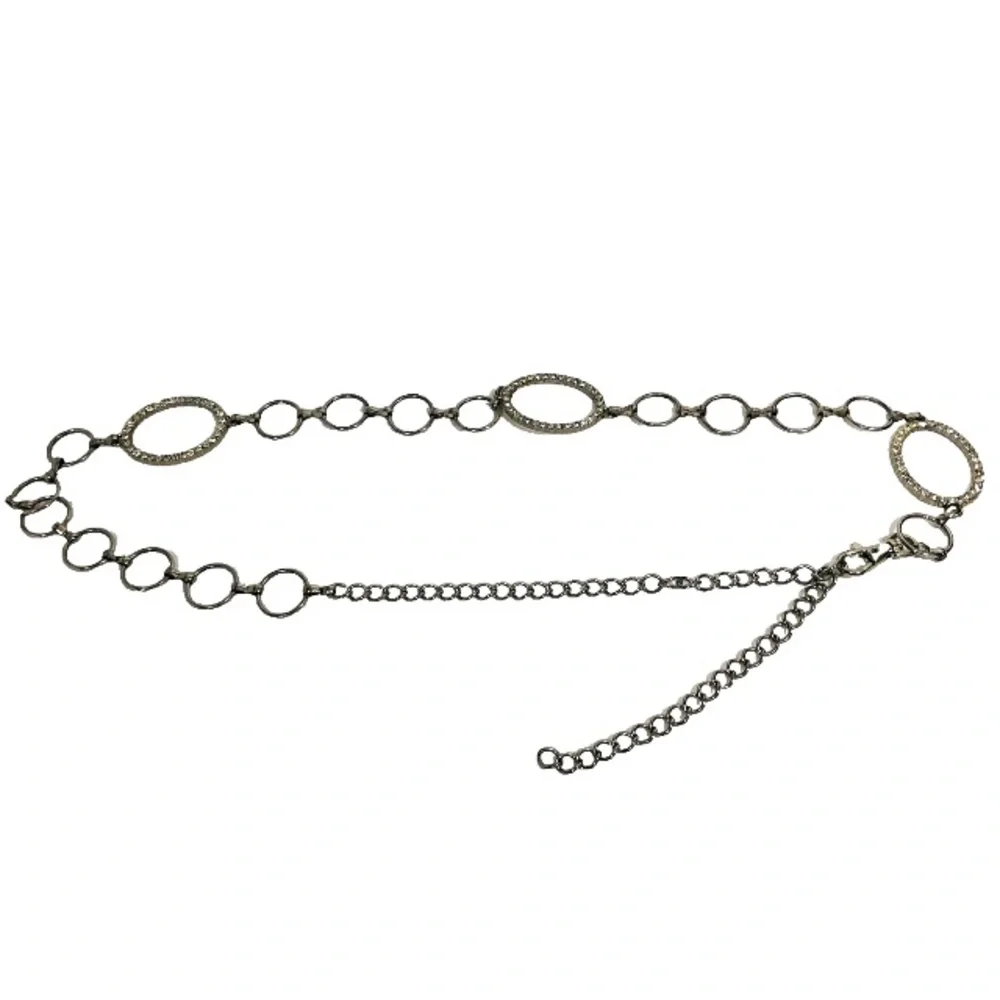 Vintage Chain Belt Silver Tone Rhinestone Ovals Circular Rings Chain Links